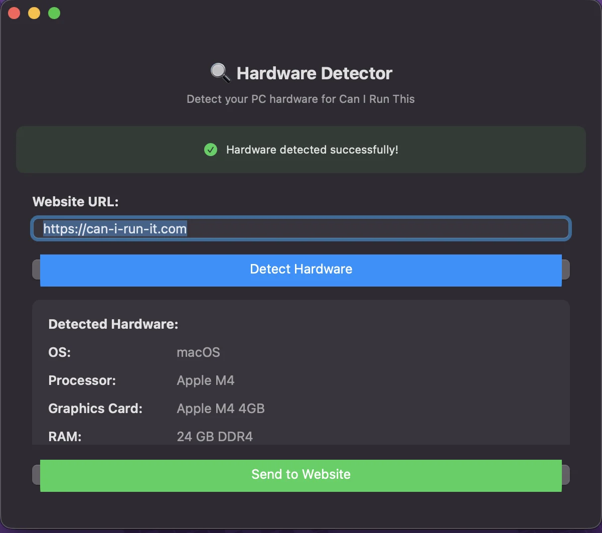 Hardware Detector on macOS showing detected hardware and a Send to website button.